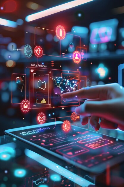 [freepicdownloader.com] digital interface displaying data analytics futuristic workspace with glowing icons touch normal